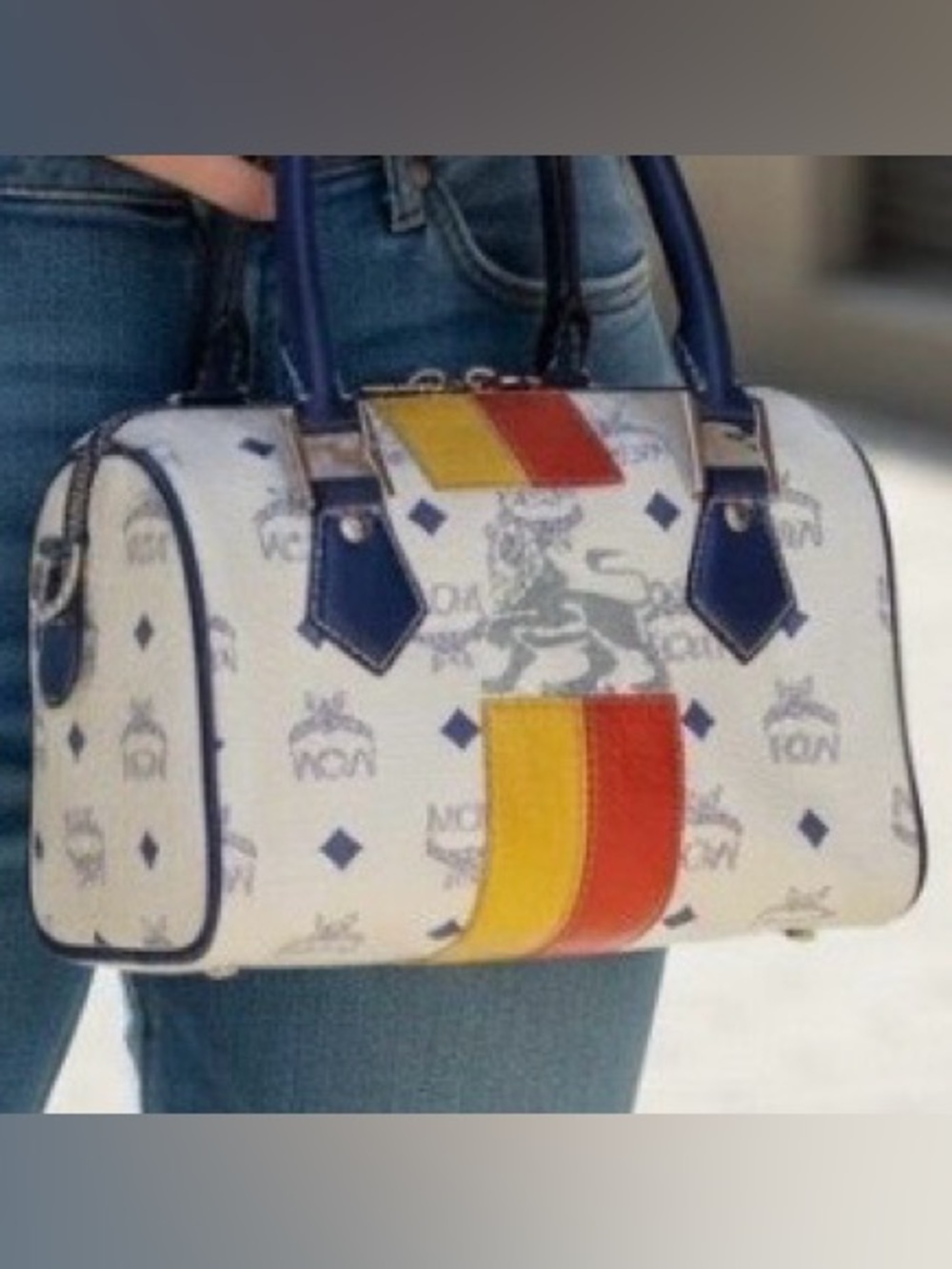 MCM Visetos Lion Princess Mini Boston Bag White and Blue with yellow and orange